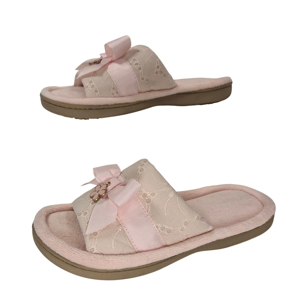Isotoner Pink Lace Crochet Bow Slide On House Slipper Women Sz 6.5 7 relaxation